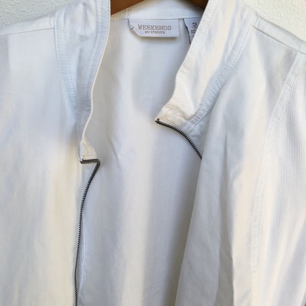 WEEKENDS by chico’s white and blue jackets.